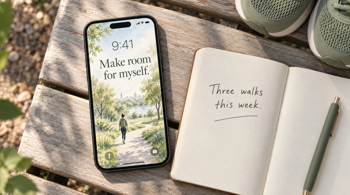 An iPhone on a park bench shows ‘Make room for myself’ over a watercolor park scene, beside a notebook with the goal ‘Three walks this week.’