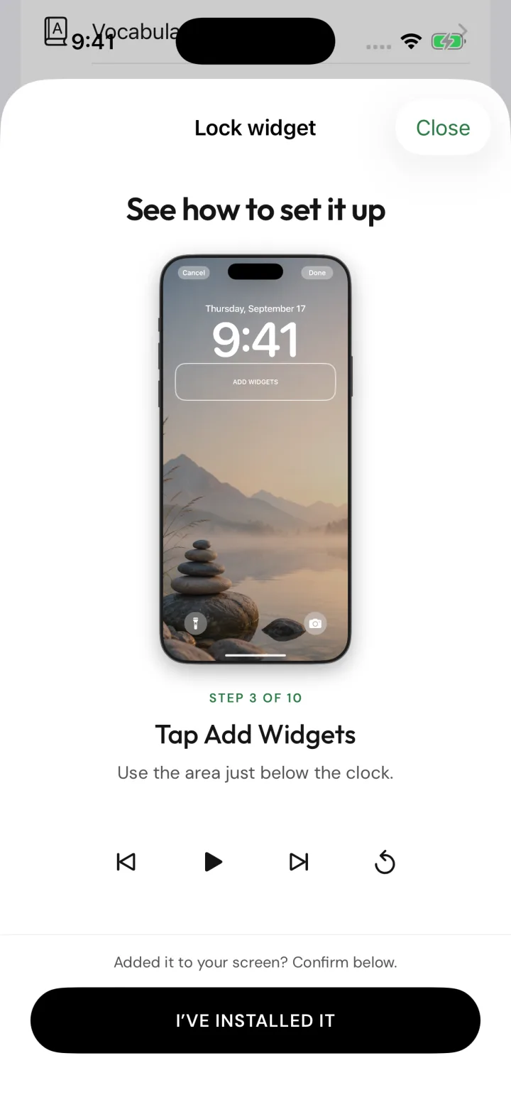 Clarido's lock widget setup guide at step 3 of 10, showing the Add Widgets area below the clock on an iPhone lock screen.