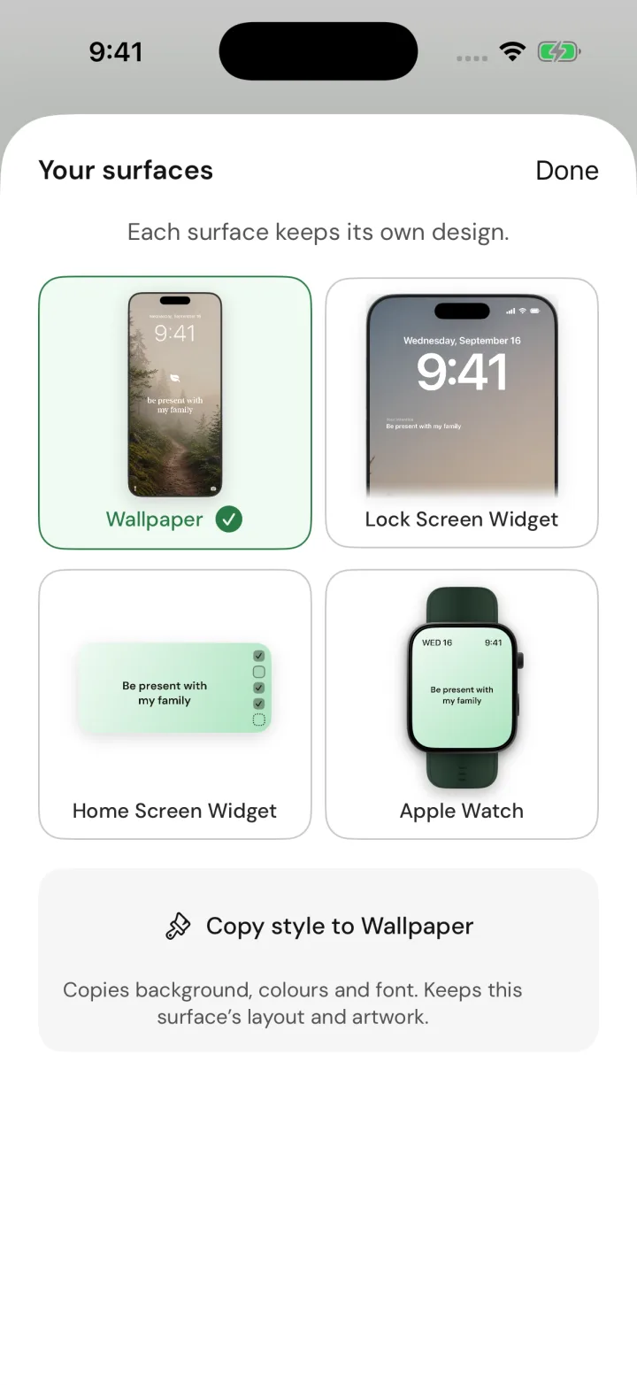 Clarido's Your surfaces screen showing the intention ‘Be present with my family’ as a wallpaper, lock screen widget, home screen widget, and Apple Watch face.