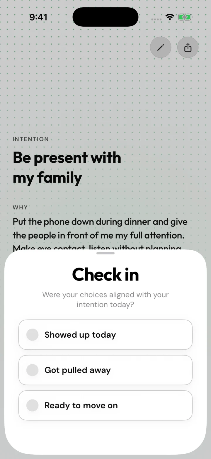 Clarido check-in asks whether your choices aligned with your intention, with choices Showed up today, Got pulled away, and Ready to move on.