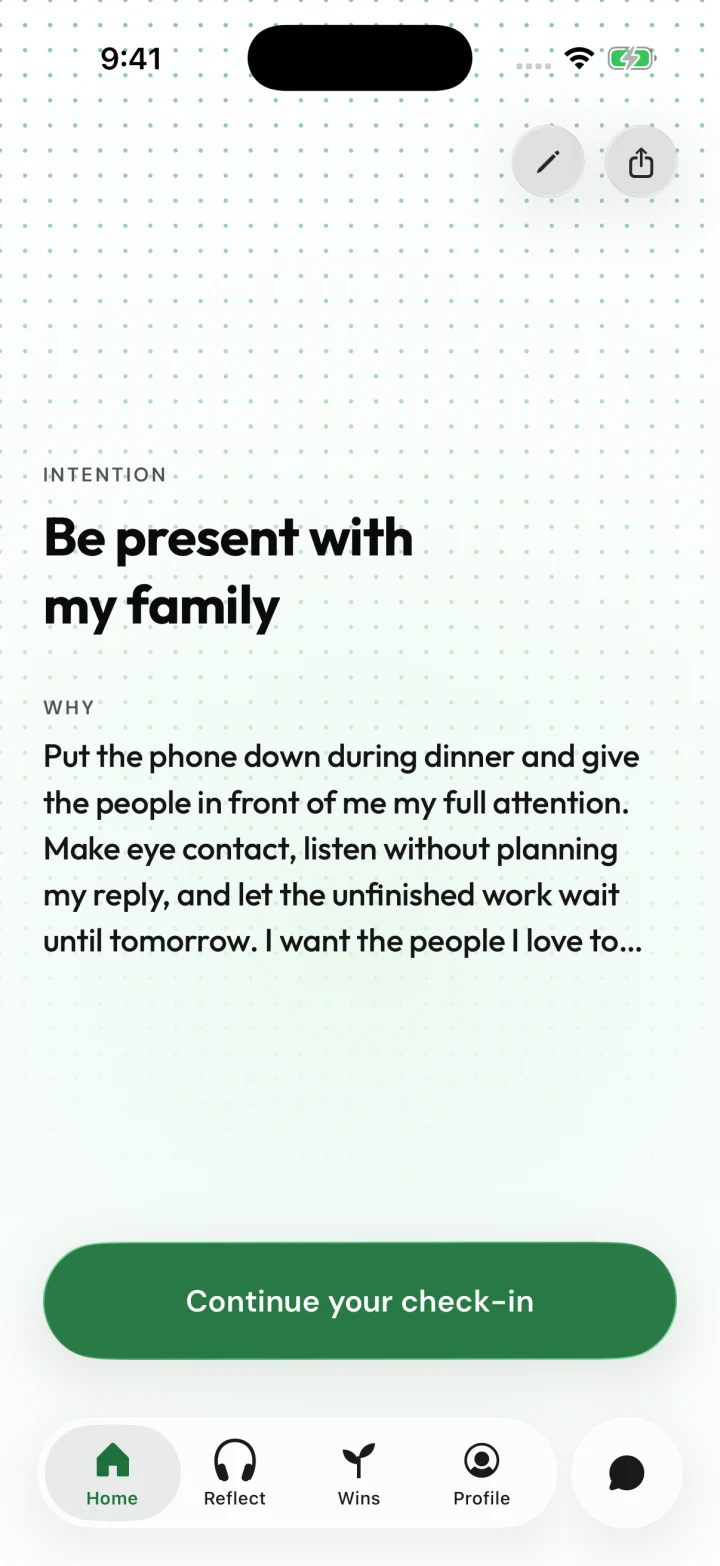 Clarido intention screen: Be present with my family, with a personal reason about putting the phone down at dinner.