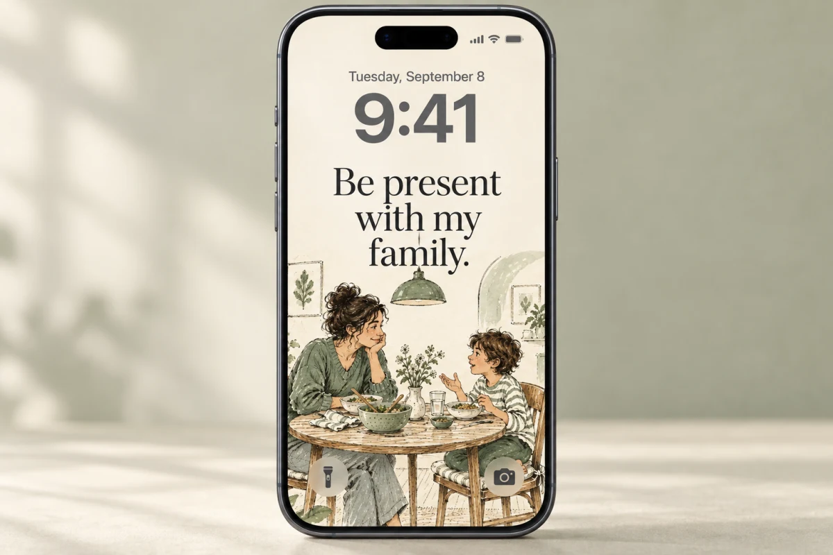 An iPhone lock screen shows the intention ‘Be present with my family’ above an ink-and-watercolor illustration of a parent and child at dinner.