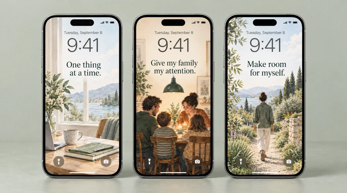 Three realistic iPhone mockups display intention lock screens: ‘One thing at a time,’ ‘Give my family my attention,’ and ‘Make room for myself,’ over watercolor scenes of work, dinner, and a quiet walk.