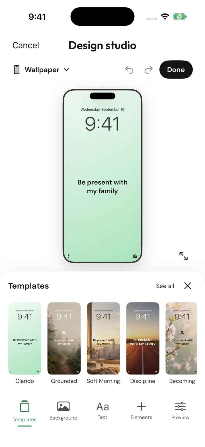 Clarido design studio showing a light green lock screen wallpaper with the words ‘Be present with my family’ and a row of wallpaper templates.