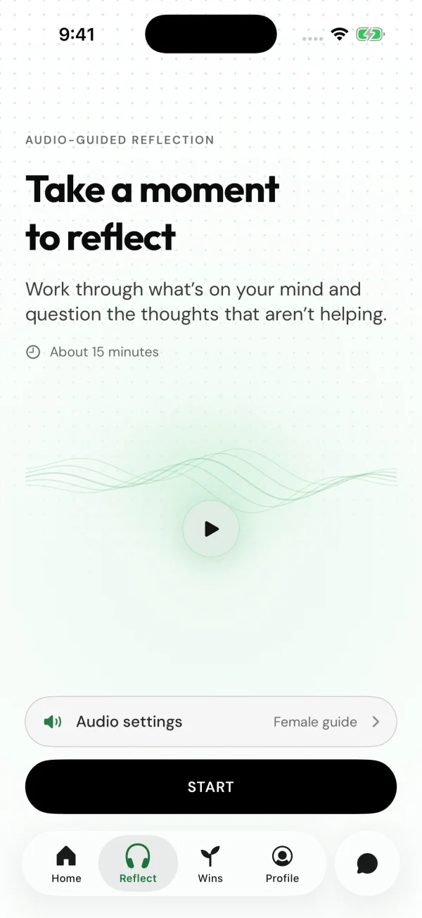 Clarido guided reflection screen with an audio session about working through what is on your mind, lasting about 15 minutes.