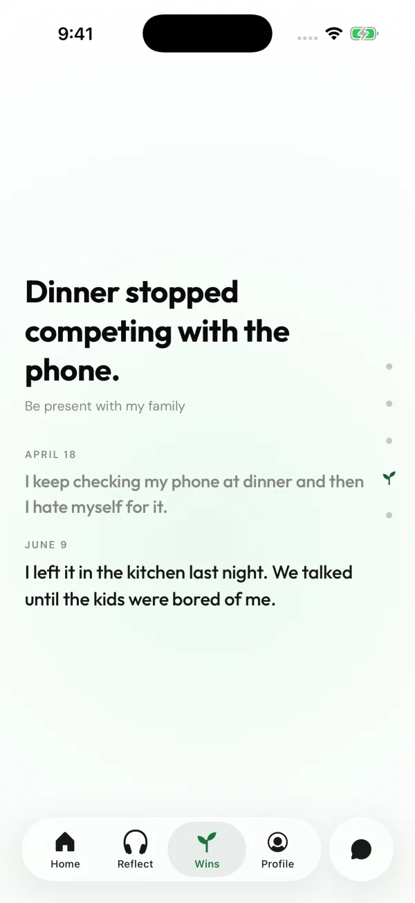 An example Win titled Dinner stopped competing with the phone compares earlier phone use at dinner with a later evening spent talking with family.