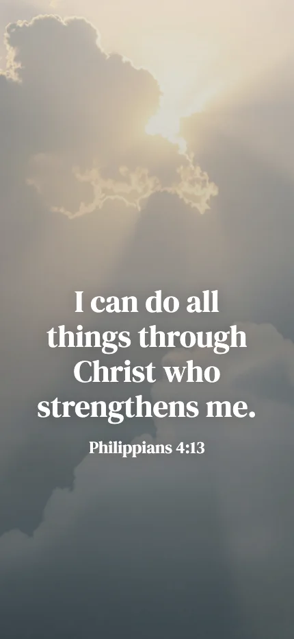 Faith iPhone lock screen wallpaper with the words “I can do all things through Christ who strengthens me. / Philippians 4:13” over a sun rays photo