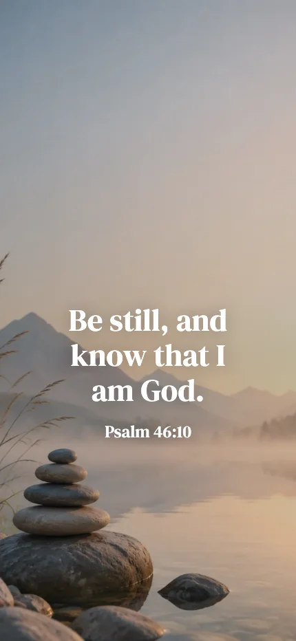Faith iPhone lock screen wallpaper with the words “Be still, and know that I am God. / Psalm 46:10” over a still lake photo