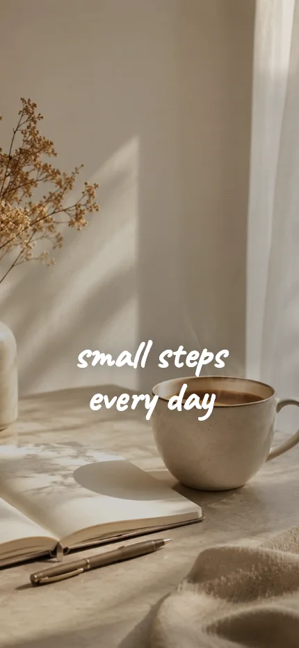 Study iPhone lock screen wallpaper with the words “small steps every day” over a coffee photo